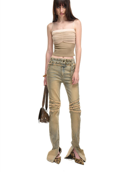 NORTH NODE Washed Frayed Hem Double Waist Belt Side Slit Women&