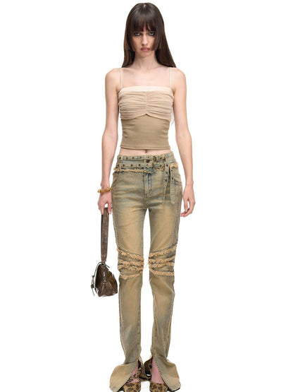 NORTH NODE Washed Frayed Hem Double Waist Belt Side Slit Women&