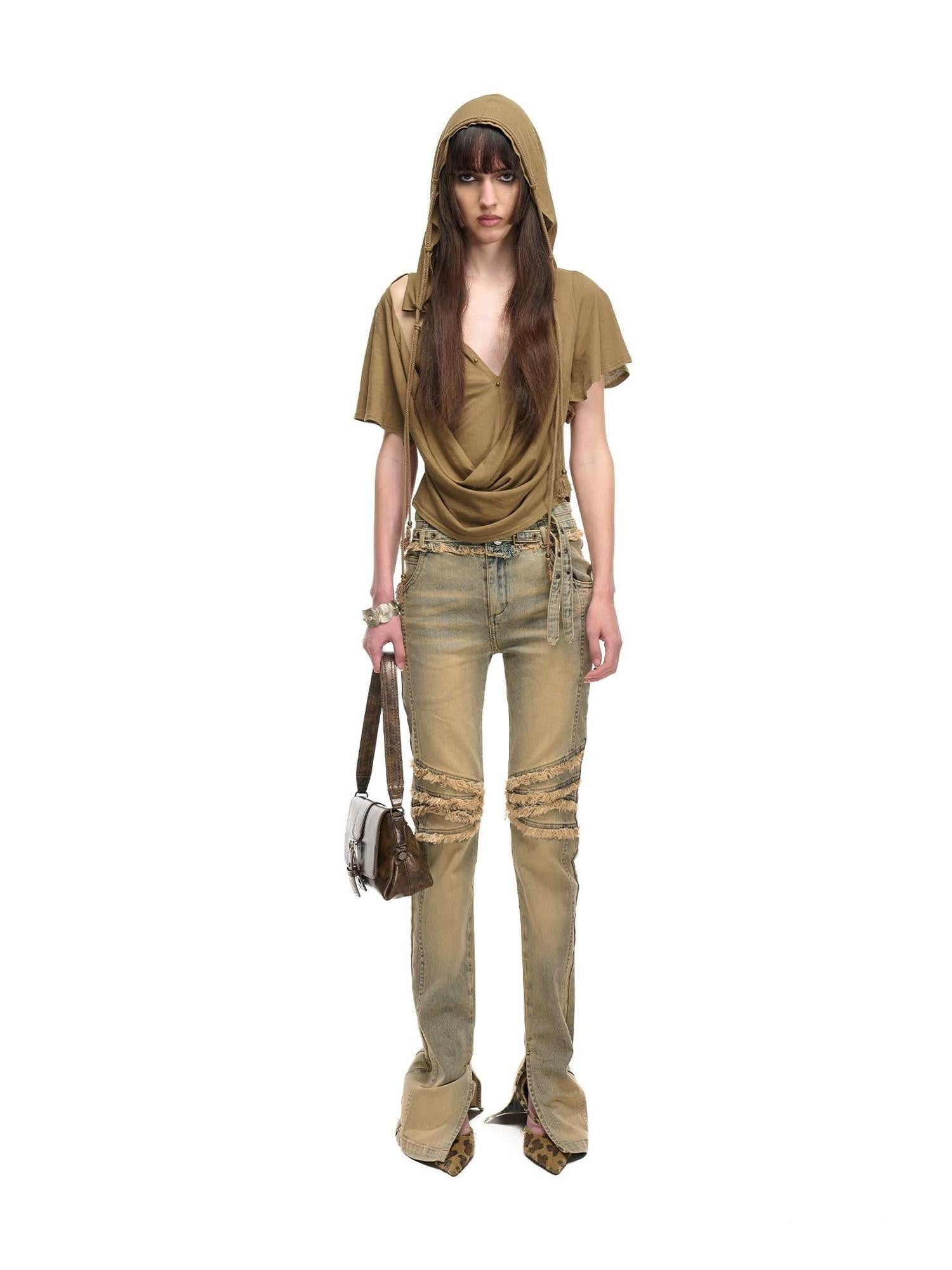 NORTH NODE Washed Frayed Hem Double Waist Belt Side Slit Women&
