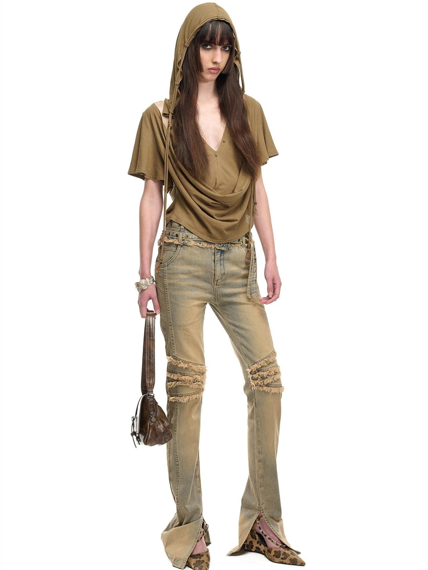 NORTH NODE Washed Frayed Hem Double Waist Belt Side Slit Women&
