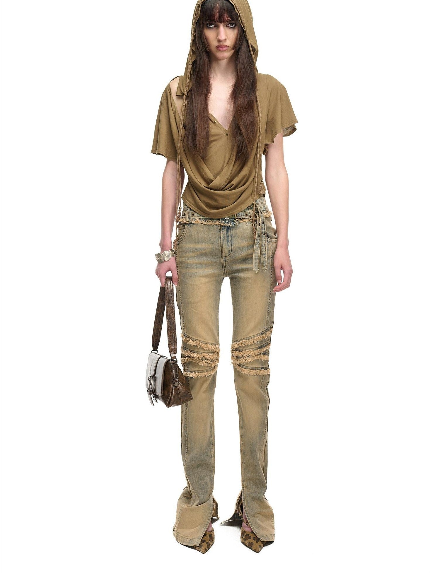 NORTH NODE Washed Frayed Hem Double Waist Belt Side Slit Women&