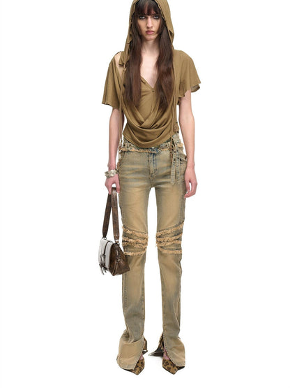 NORTH NODE Washed Frayed Hem Double Waist Belt Side Slit Women&