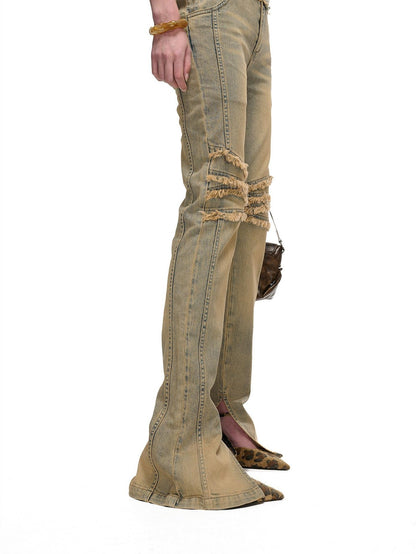 NORTH NODE Washed Frayed Hem Double Waist Belt Side Slit Women&