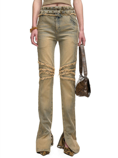 NORTH NODE Washed Frayed Hem Double Waist Belt Side Slit Women&