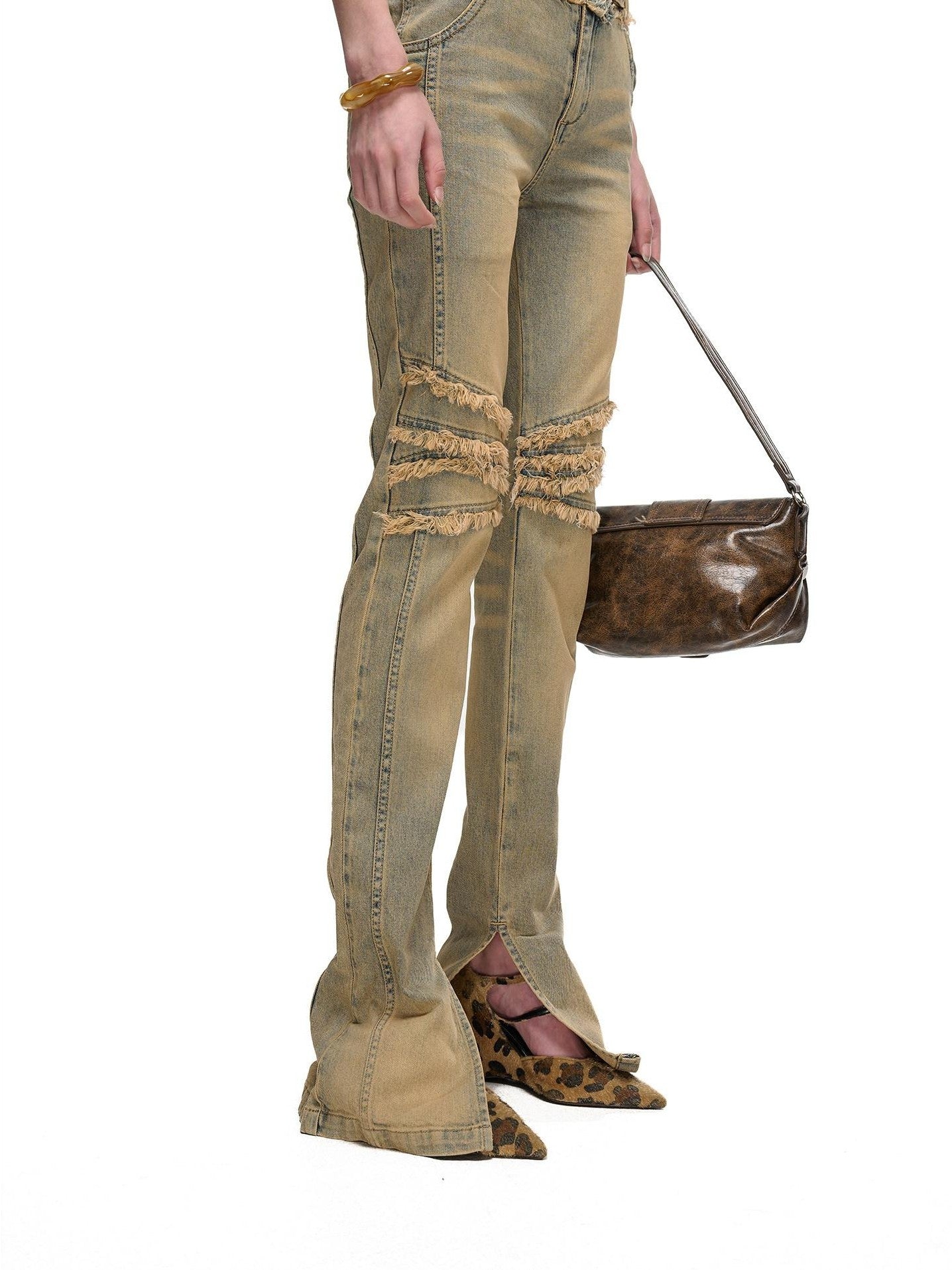 NORTH NODE Washed Frayed Hem Double Waist Belt Side Slit Women&