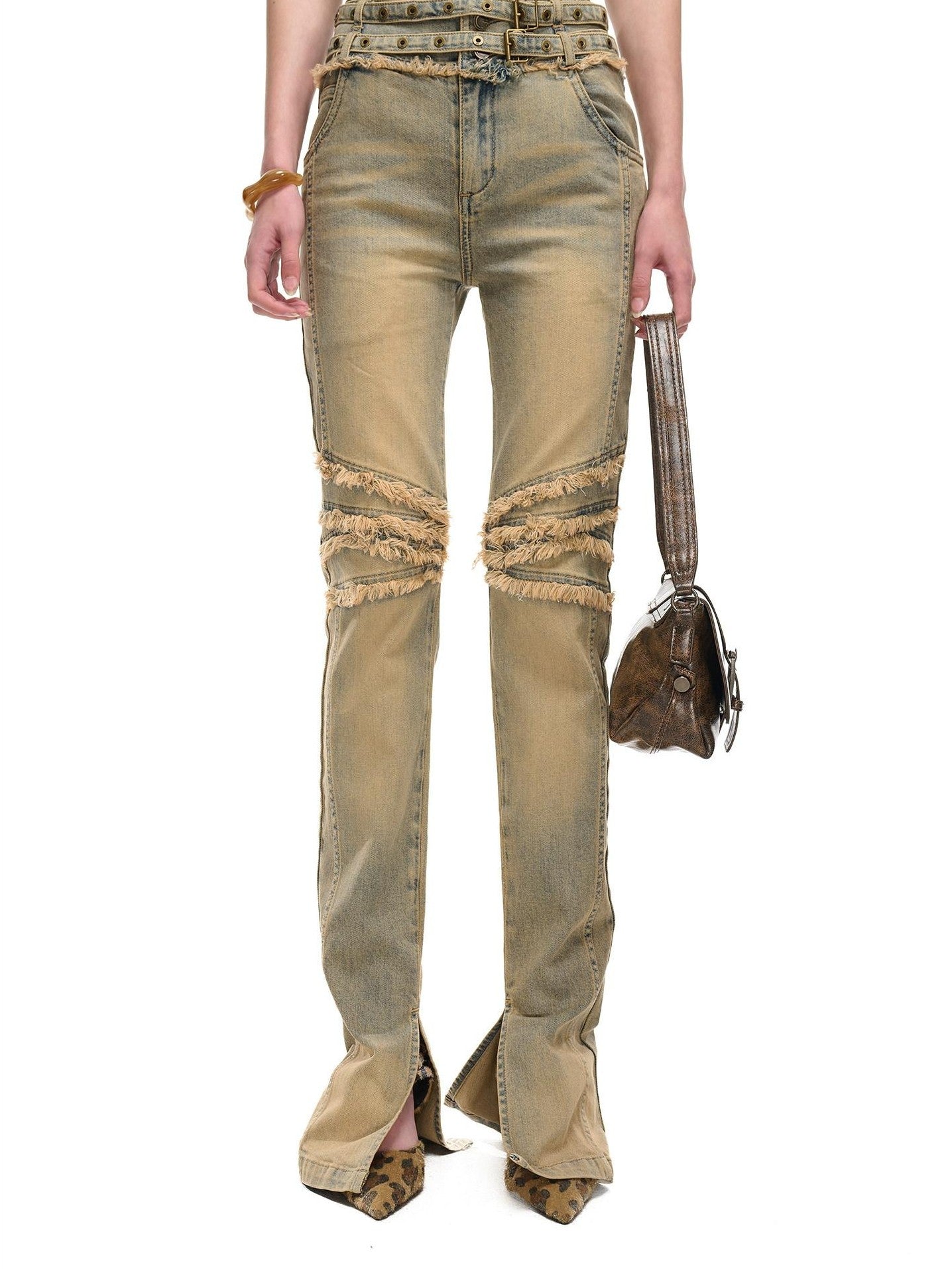 NORTH NODE Washed Frayed Hem Double Waist Belt Side Slit Women&