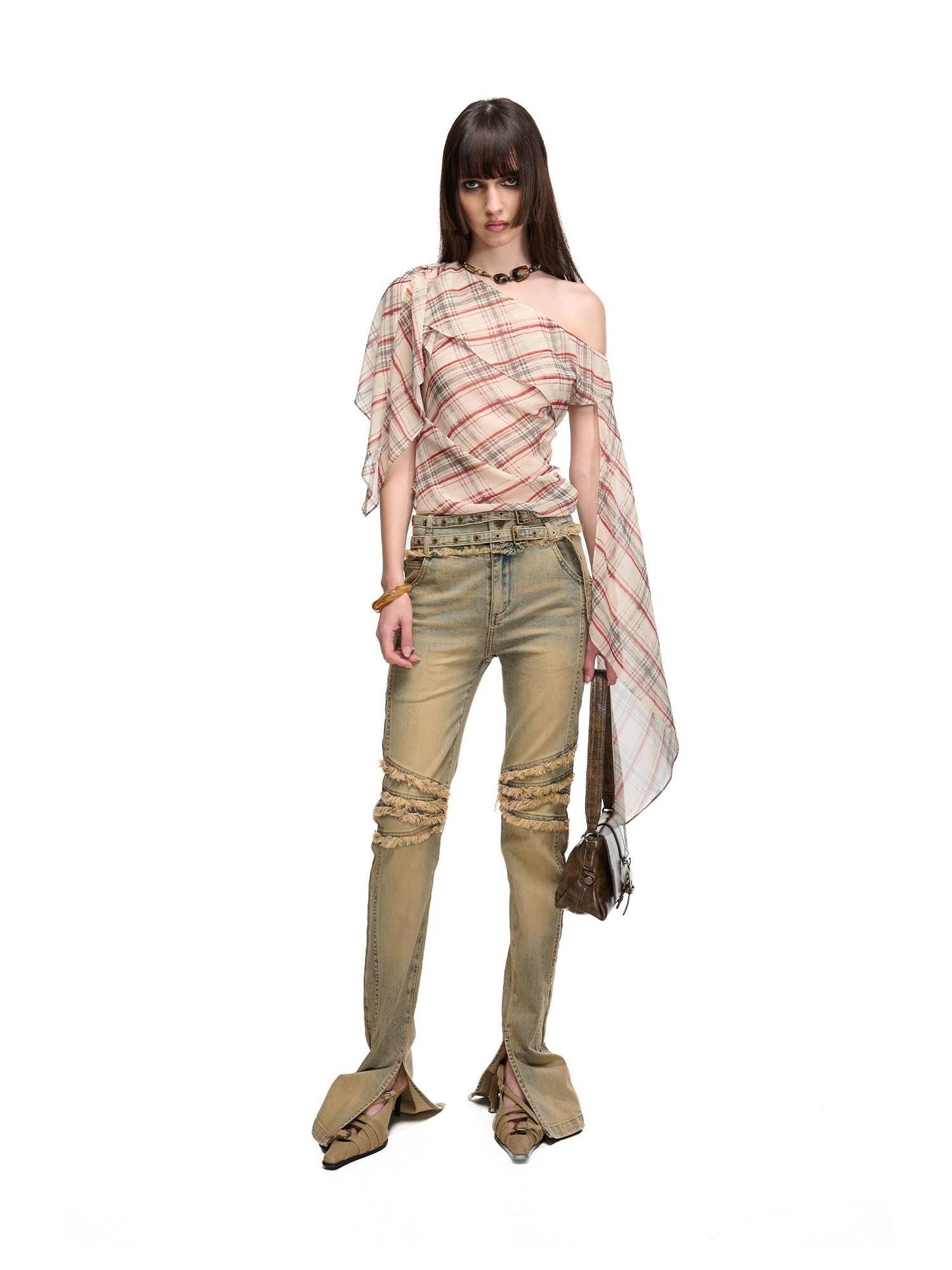 NORTH NODE Washed Frayed Hem Double Waist Belt Side Slit Women&