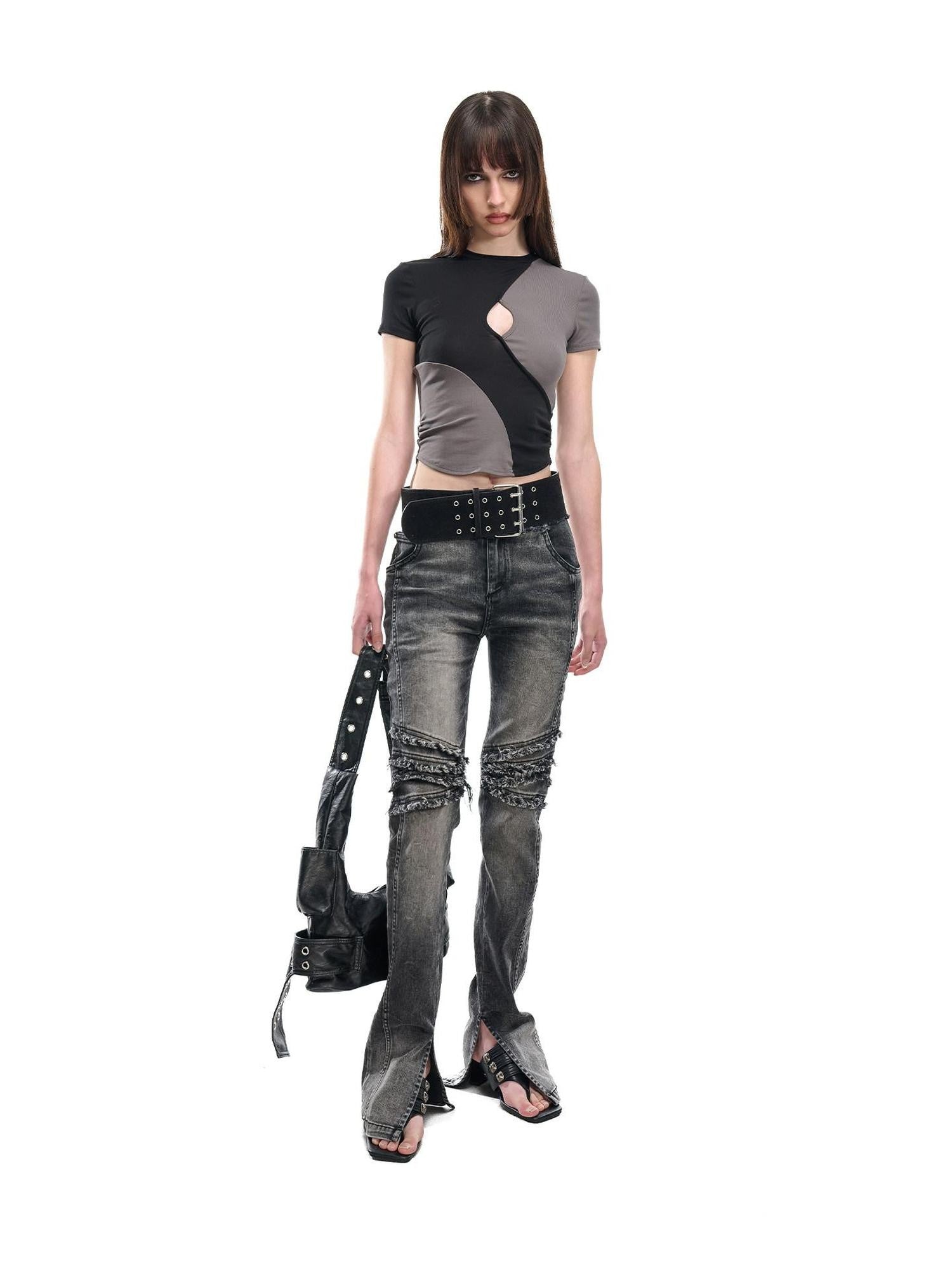 NORTH NODE Washed Frayed Hem Double Waist Belt Side Slit Women&