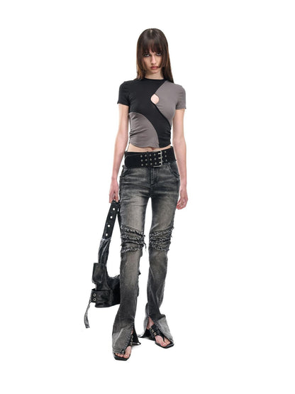 NORTH NODE Washed Frayed Hem Double Waist Belt Side Slit Women&