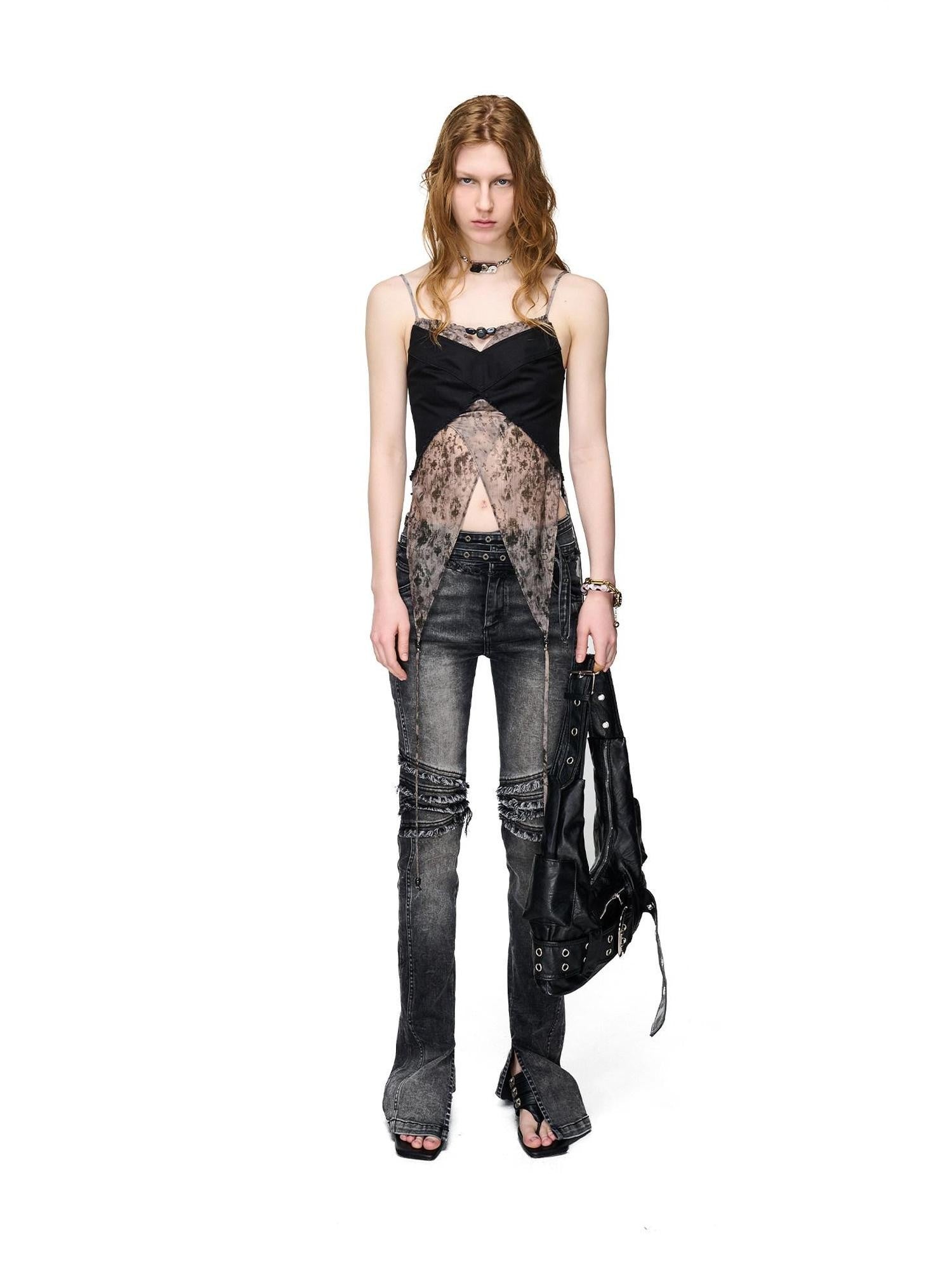 NORTH NODE Washed Frayed Hem Double Waist Belt Side Slit Women&