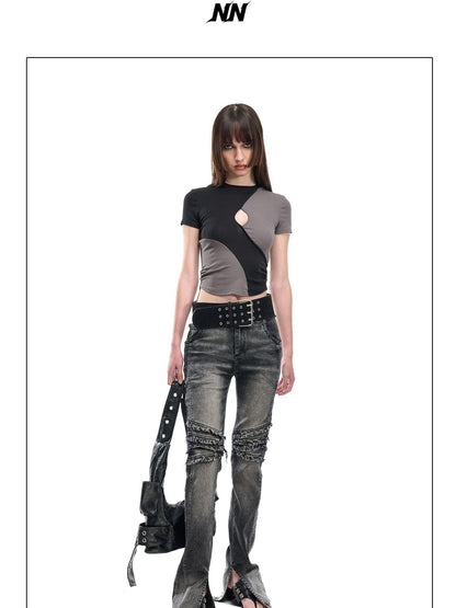 NORTH NODE Washed Frayed Hem Double Waist Belt Side Slit Women&