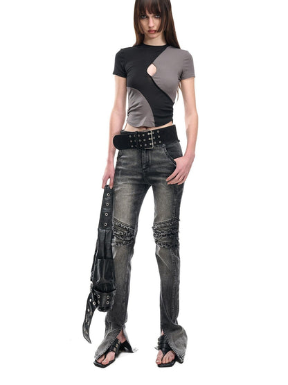 NORTH NODE Washed Frayed Hem Double Waist Belt Side Slit Women&