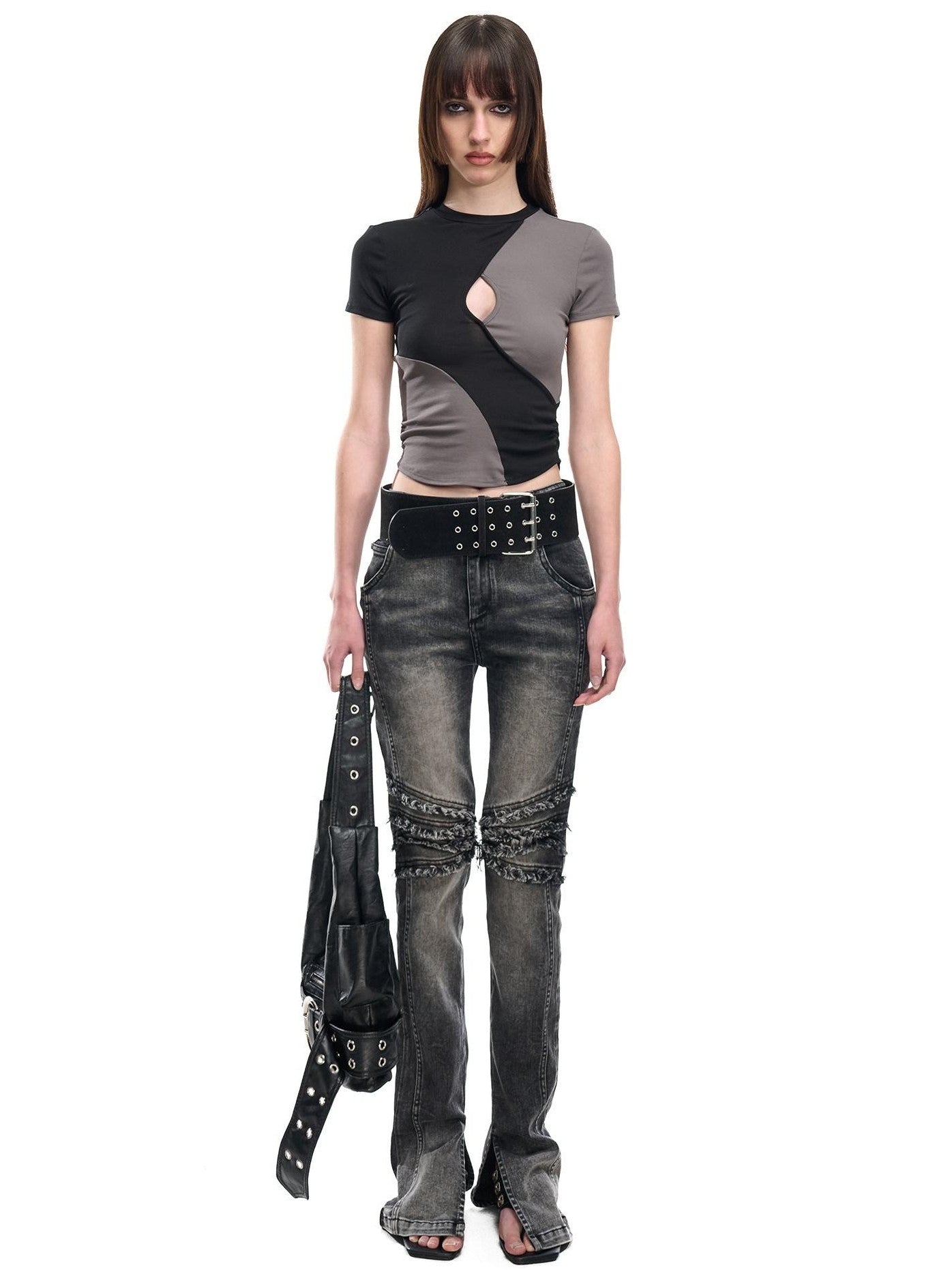 NORTH NODE Washed Frayed Hem Double Waist Belt Side Slit Women&