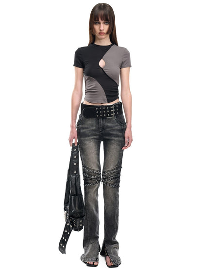 NORTH NODE Washed Frayed Hem Double Waist Belt Side Slit Women&
