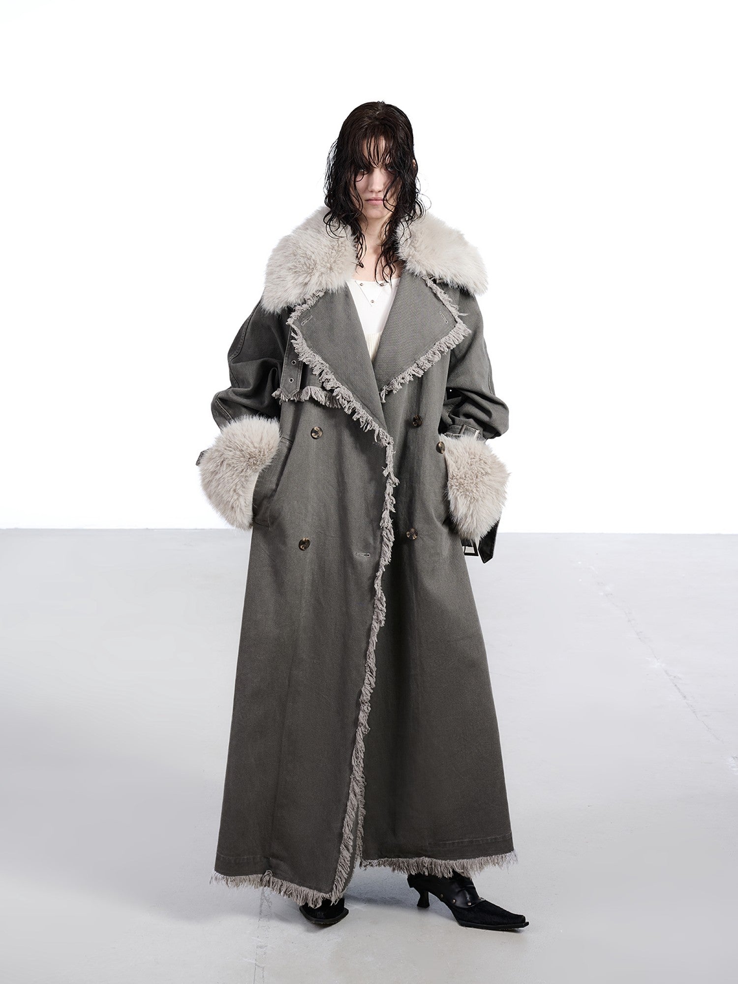 NORTH NODE Washed Fur Collar Detachable Inner Fur Lining Women&