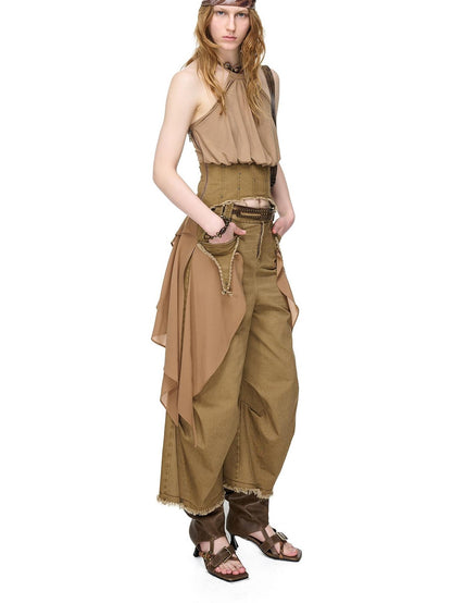 NORTH NODE Washed Gabardine Patchwork Cinched Waist Women&