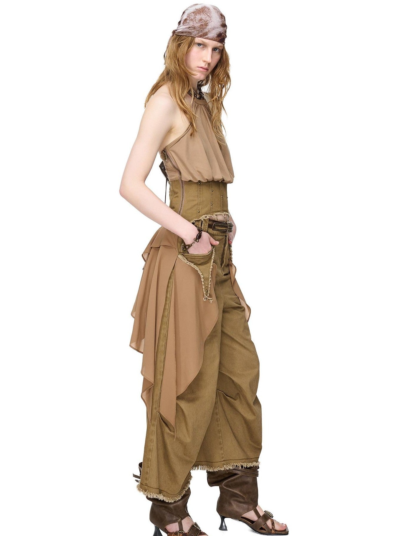 NORTH NODE Washed Gabardine Patchwork Cinched Waist Women&