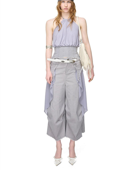NORTH NODE Washed Gabardine Patchwork Cinched Waist Women&