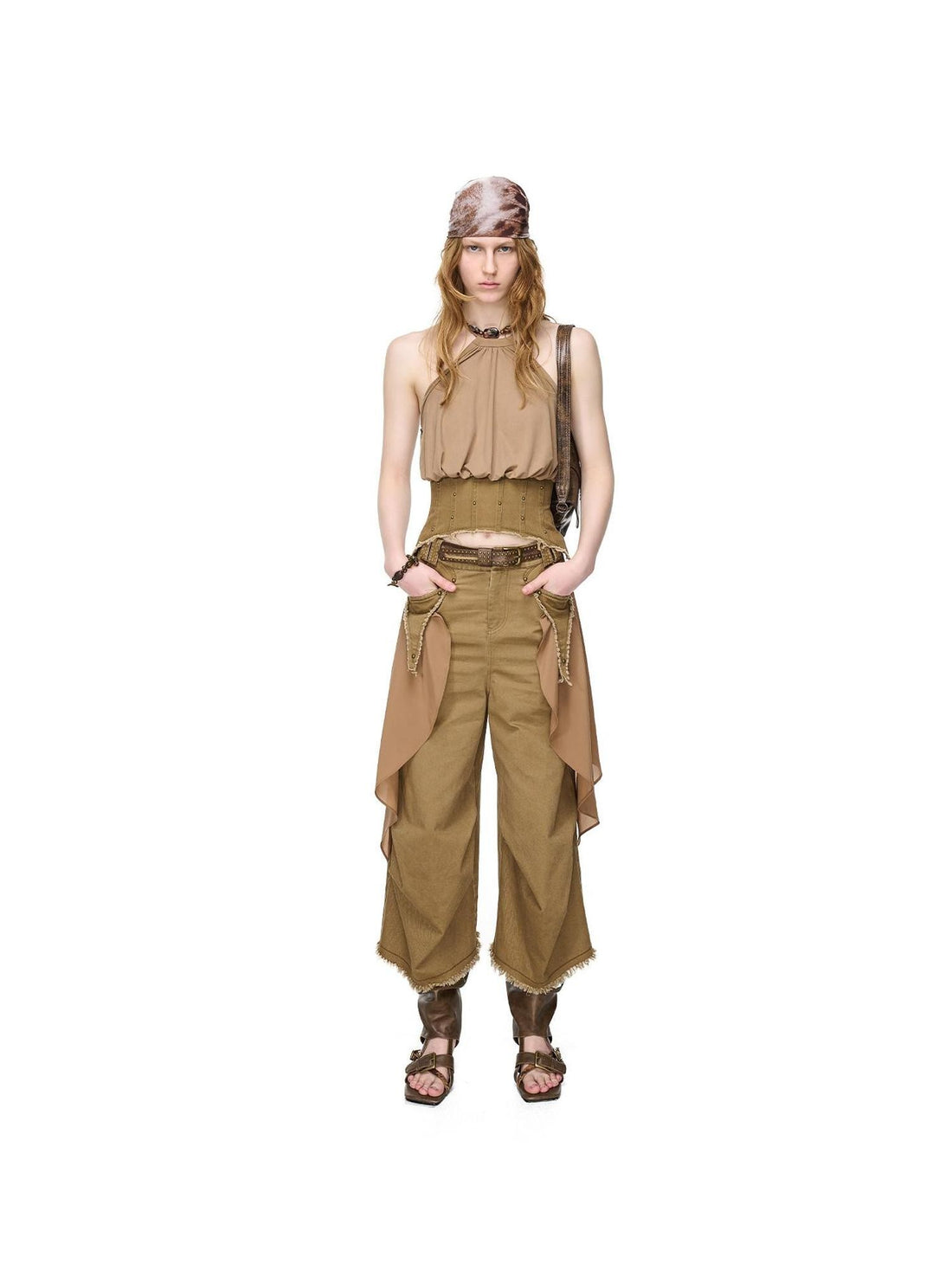 NORTH NODE Washed Gabardine Patchwork Cinched Waist Women&
