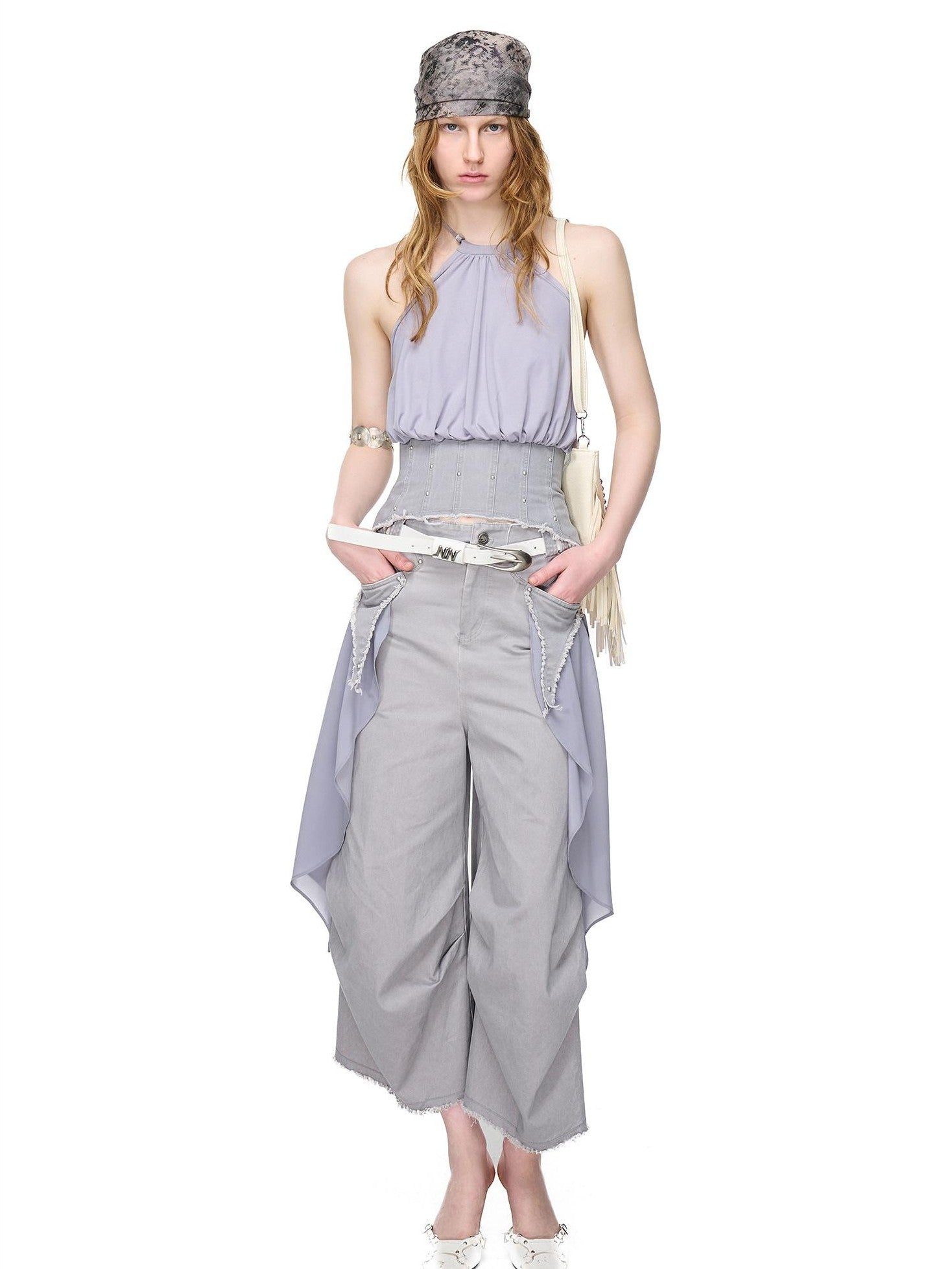 NORTH NODE Washed Gabardine Patchwork Cinched Waist Women&