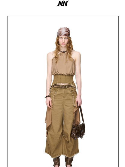 NORTH NODE Washed Gabardine Patchwork Cinched Waist Women&