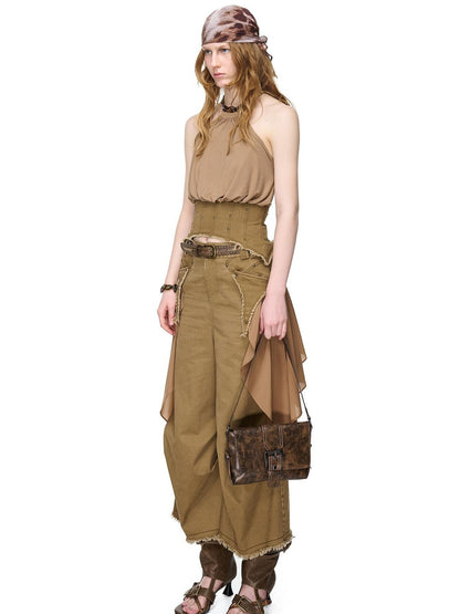 NORTH NODE Washed Gabardine Patchwork Cinched Waist Women&