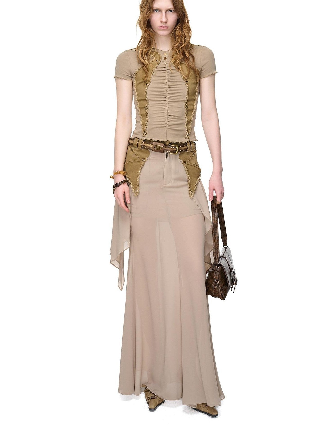 NORTH NODE Washed Khaki Panelled Ruffle Aline Women&