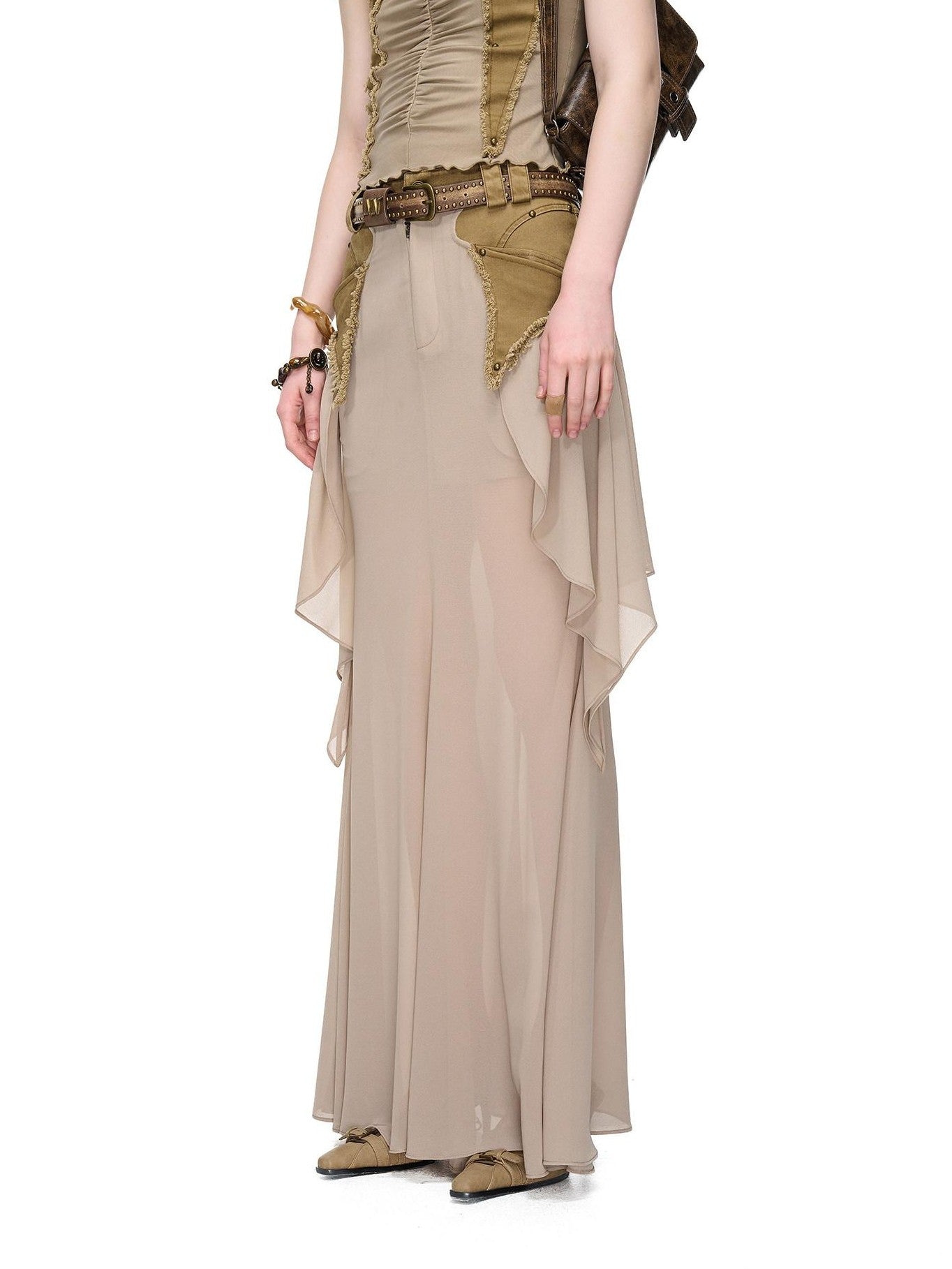 NORTH NODE Washed Khaki Panelled Ruffle Aline Women&