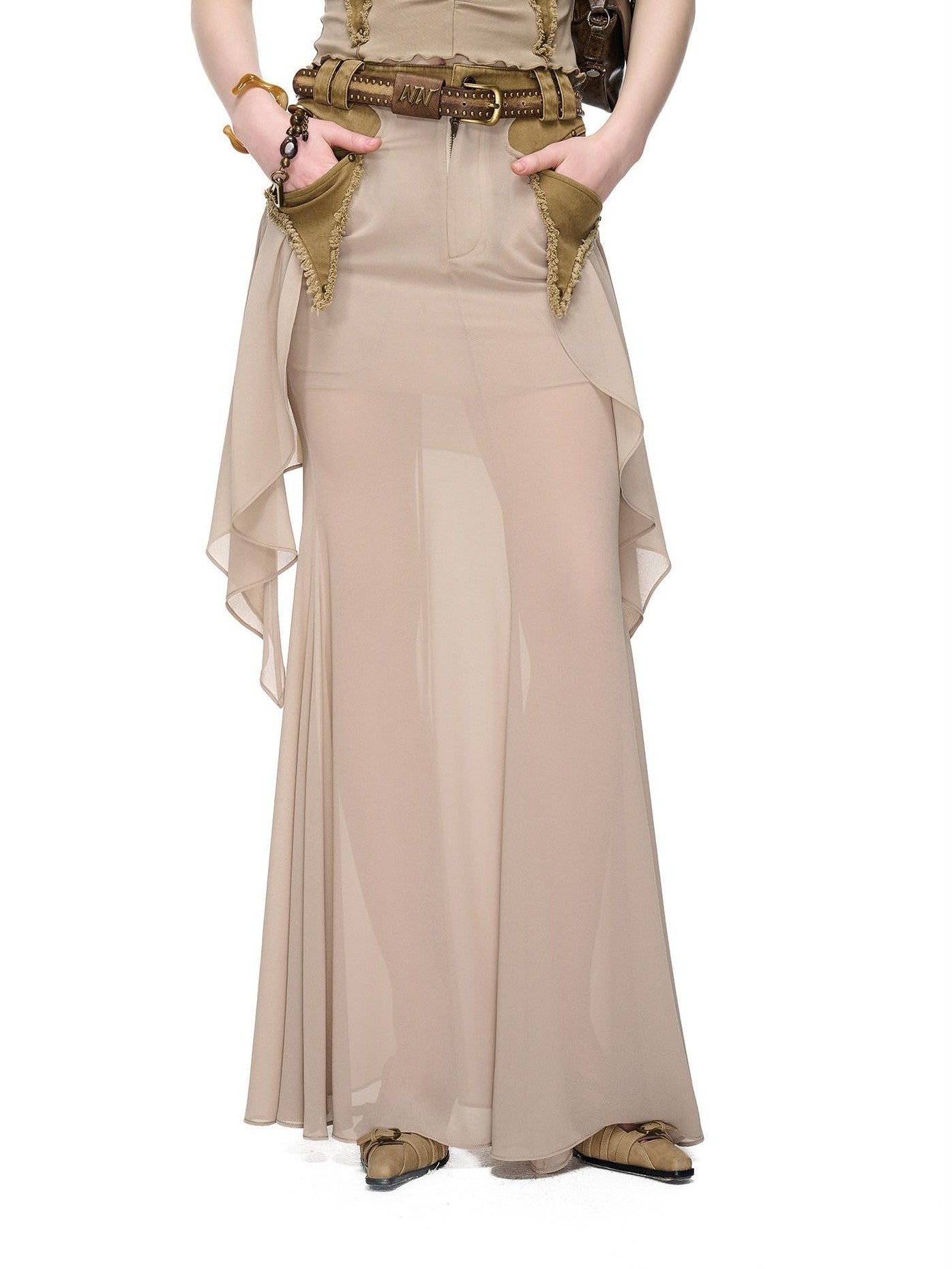 NORTH NODE Washed Khaki Panelled Ruffle Aline Women&