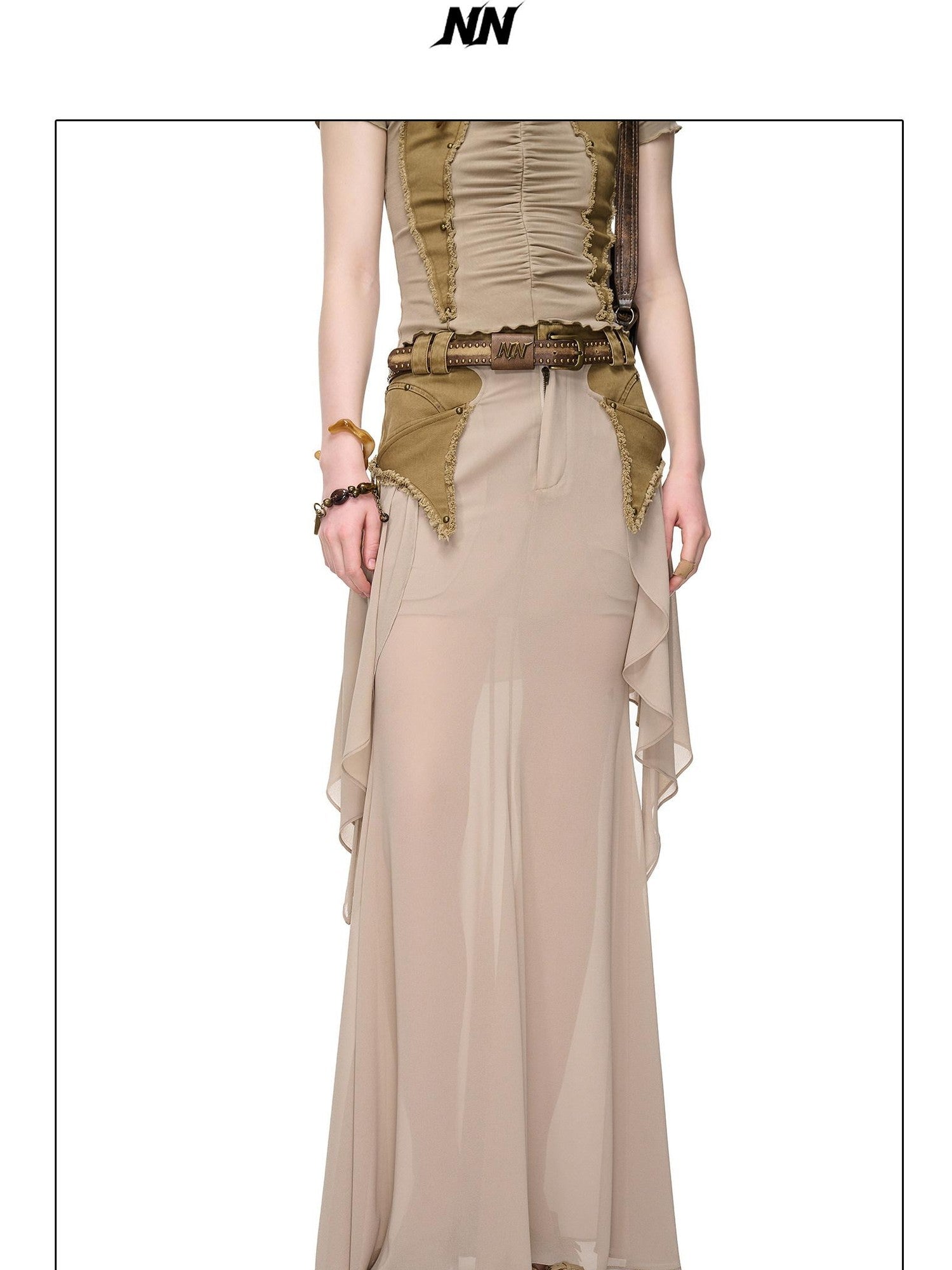 NORTH NODE Washed Khaki Panelled Ruffle Aline Women&