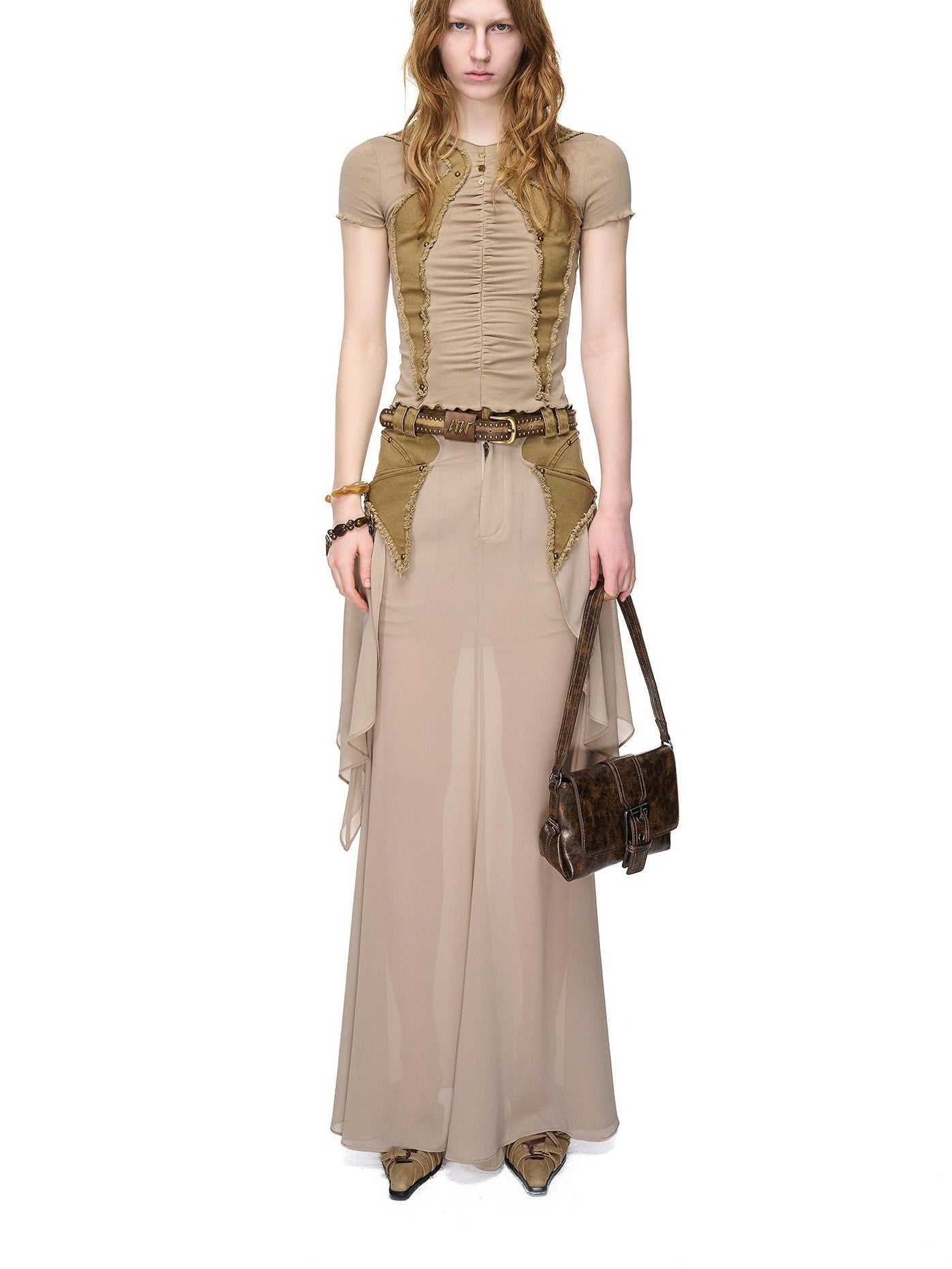 NORTH NODE Washed Khaki Panelled Ruffle Aline Women&