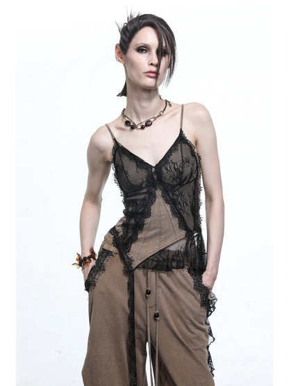 NORTH_NODE_Washed_Lace_Patchwork_Asymmetric_Ruffle_V-neck_Women&