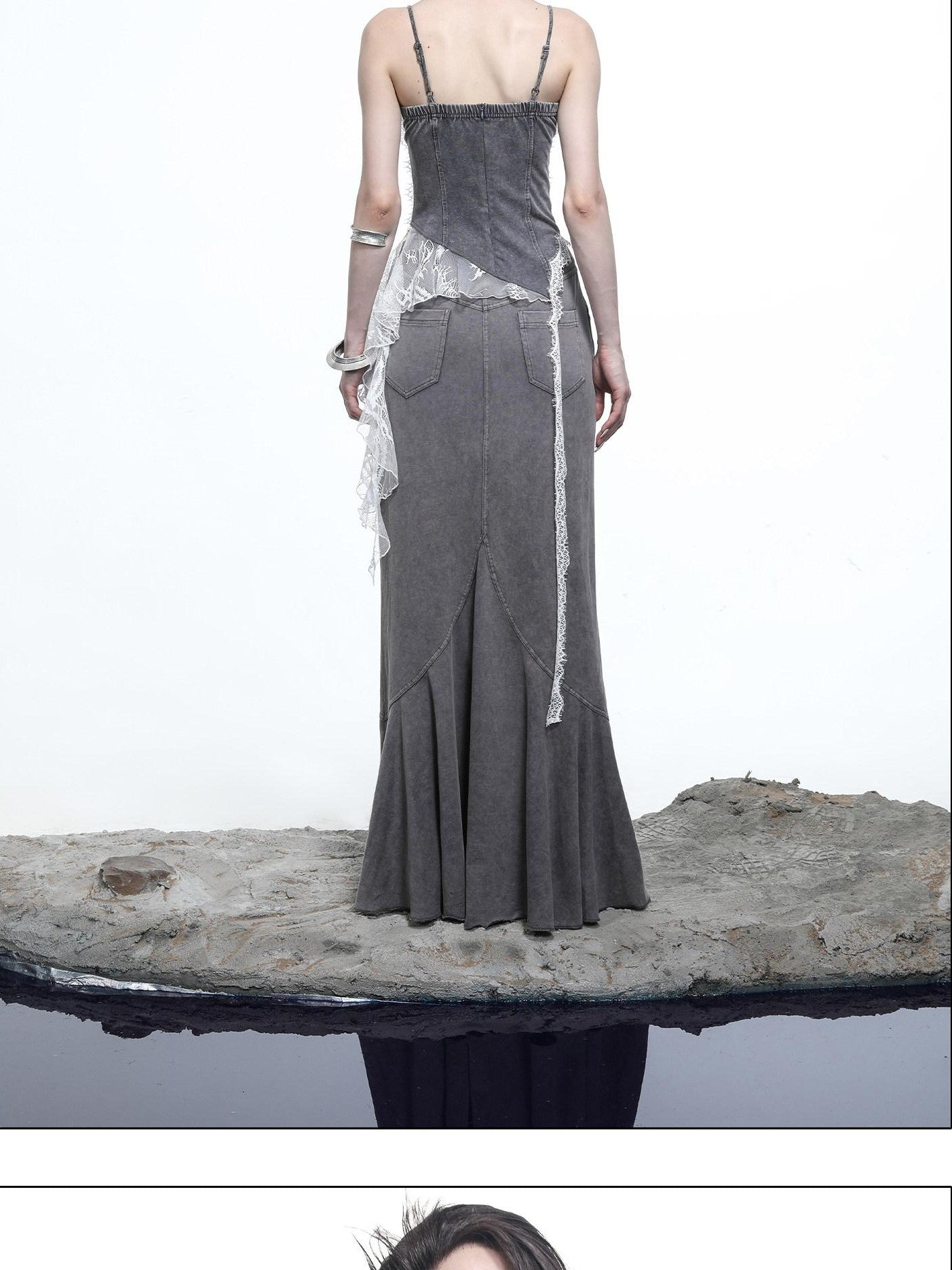 NORTH NODE Washed Lace Patchwork Asymmetric Ruffle V-neck Women&