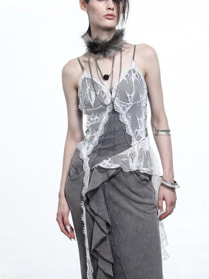 NORTH NODE Washed Lace Patchwork Asymmetric Ruffle V-neck Women&
