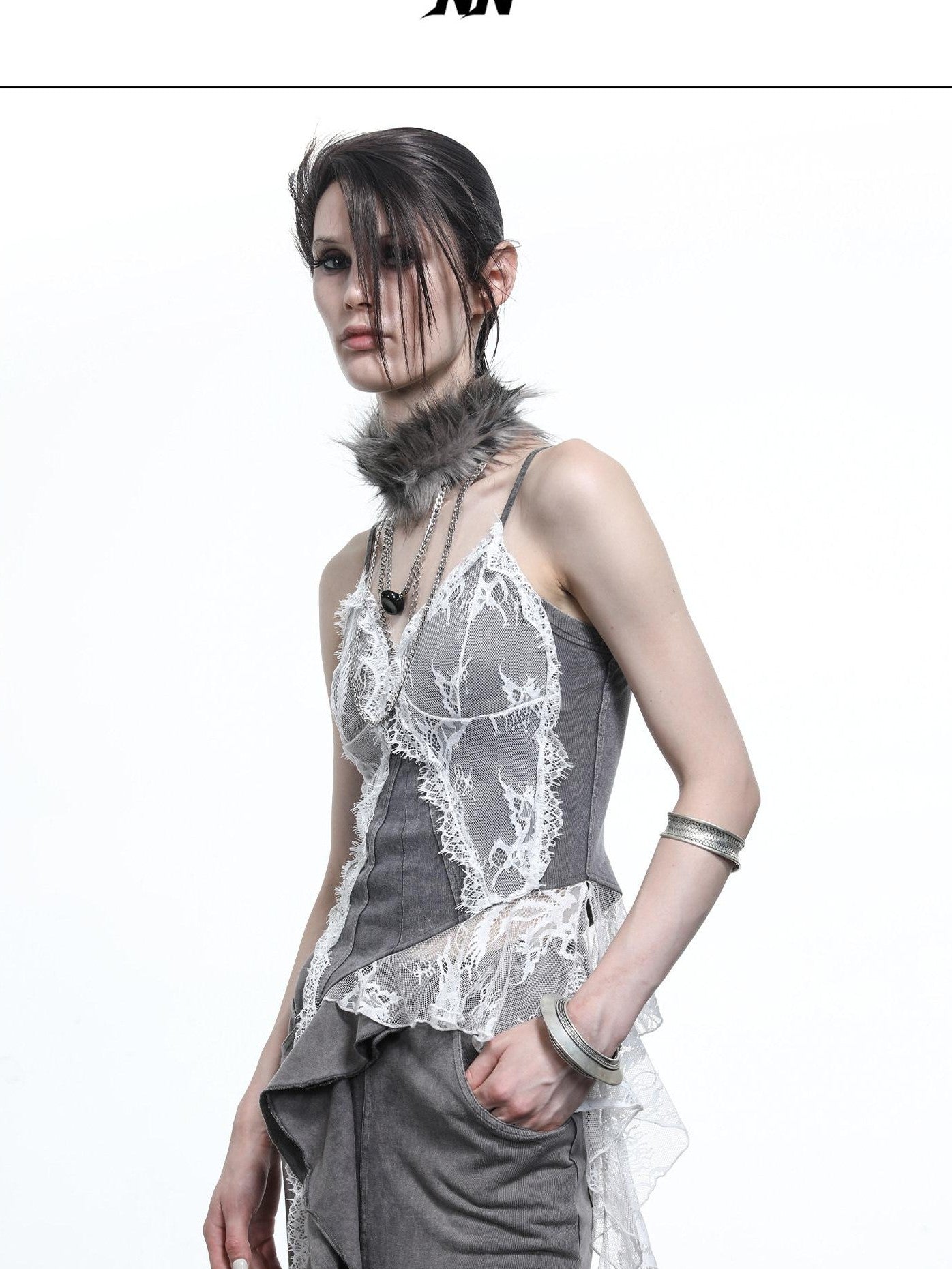 NORTH NODE Washed Lace Patchwork Asymmetric Ruffle V-neck Women&