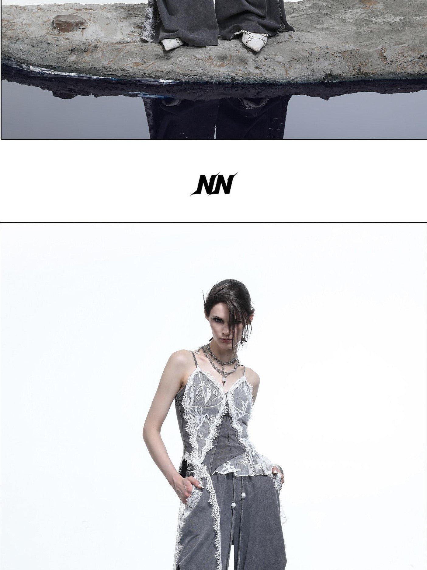 NORTH NODE Washed Lace Patchwork Asymmetric Ruffle V-neck Women&