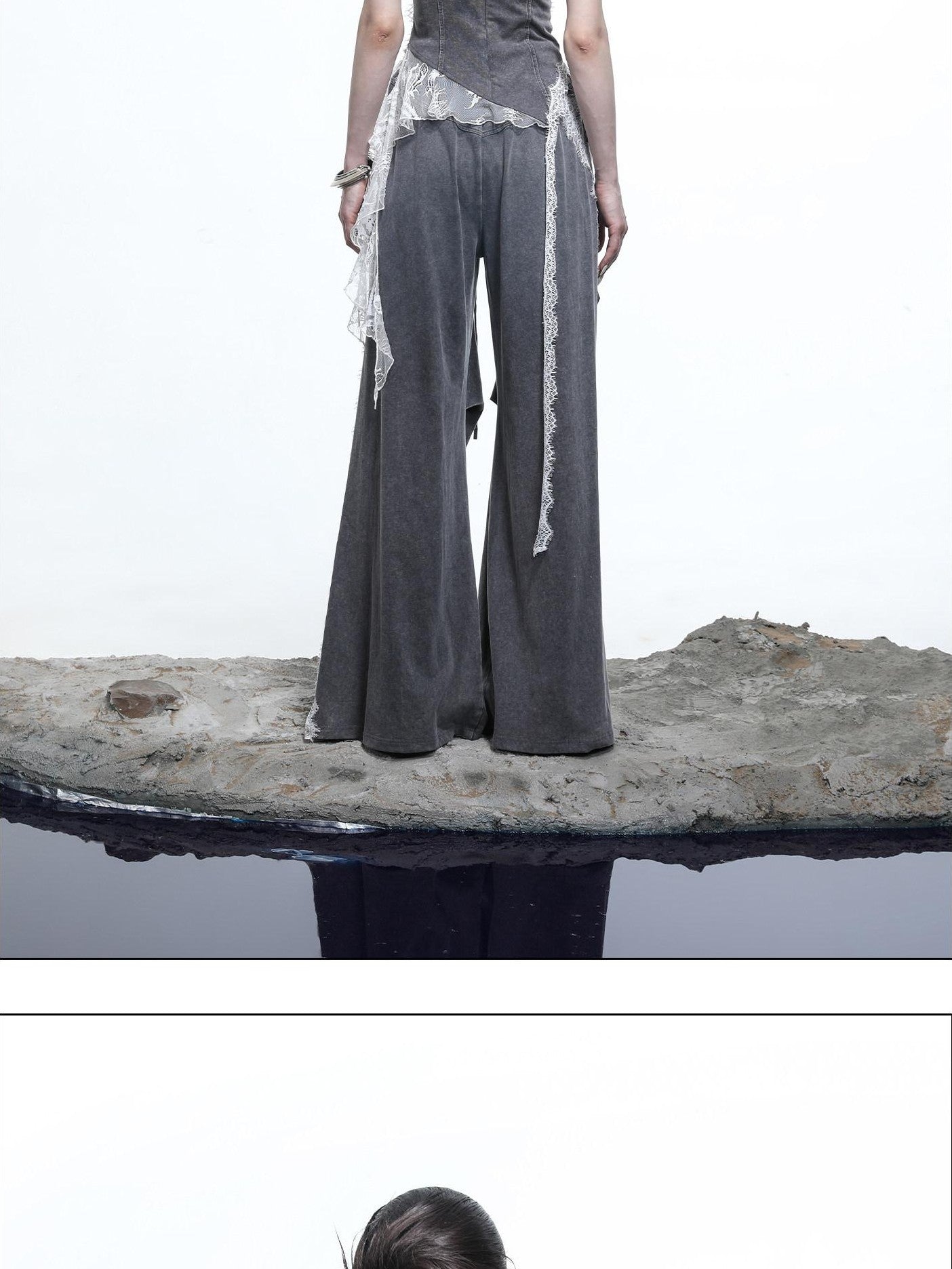 NORTH NODE Washed Lace Patchwork Asymmetric Ruffle V-neck Women&