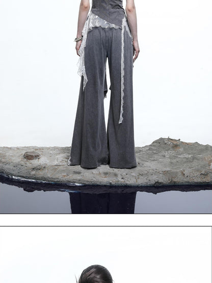 NORTH NODE Washed Lace Patchwork Asymmetric Ruffle V-neck Women&