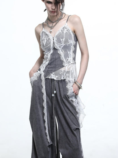 NORTH NODE Washed Lace Patchwork Asymmetric Ruffle V-neck Women&