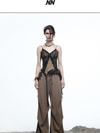NORTH NODE Washed Lace Patchwork Asymmetric Ruffle V-neck Women&
