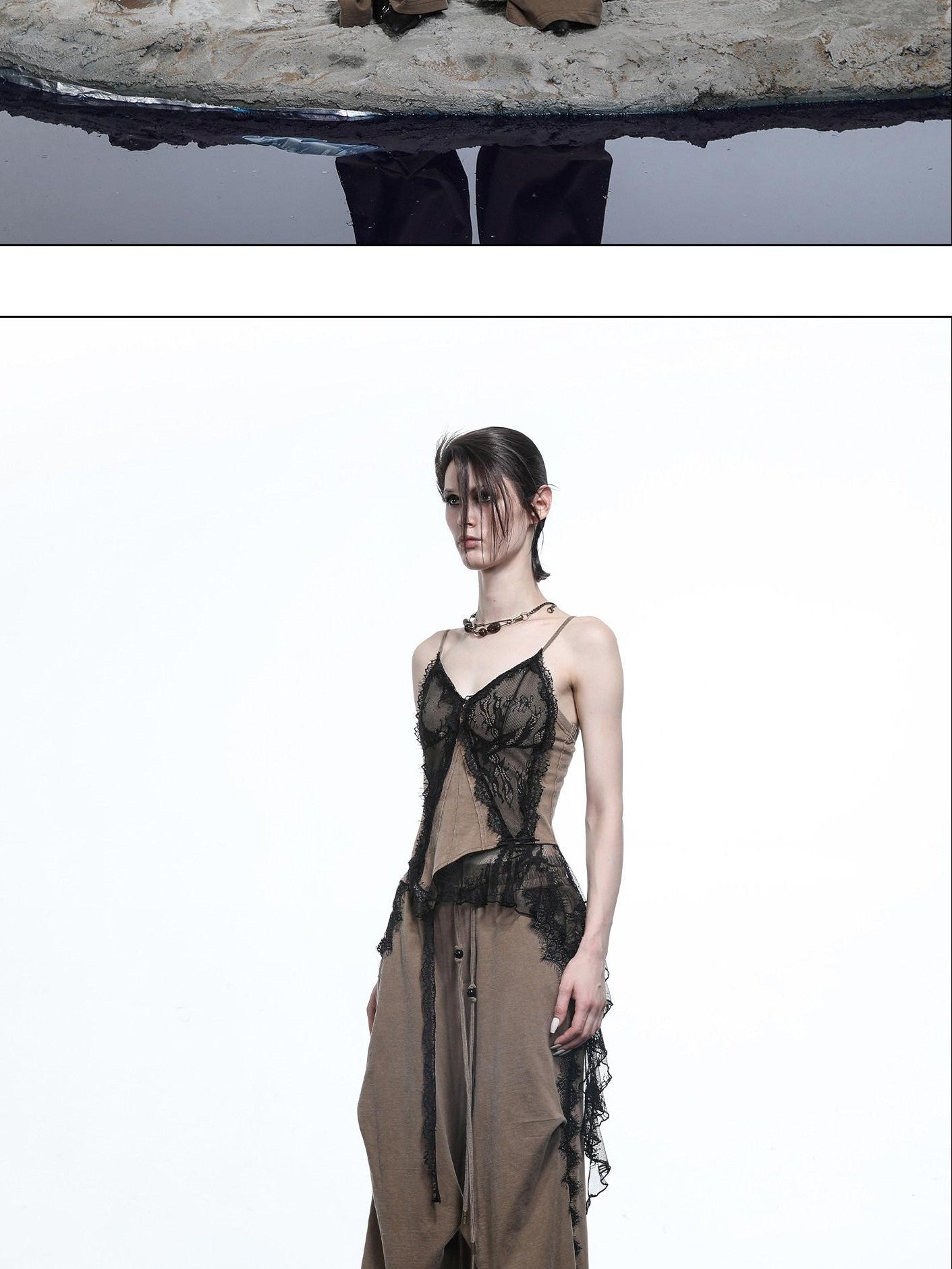 NORTH NODE Washed Lace Patchwork Asymmetric Ruffle V-neck Women&