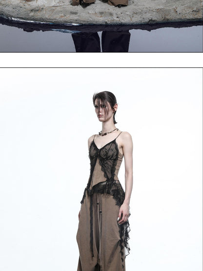 NORTH NODE Washed Lace Patchwork Asymmetric Ruffle V-neck Women&