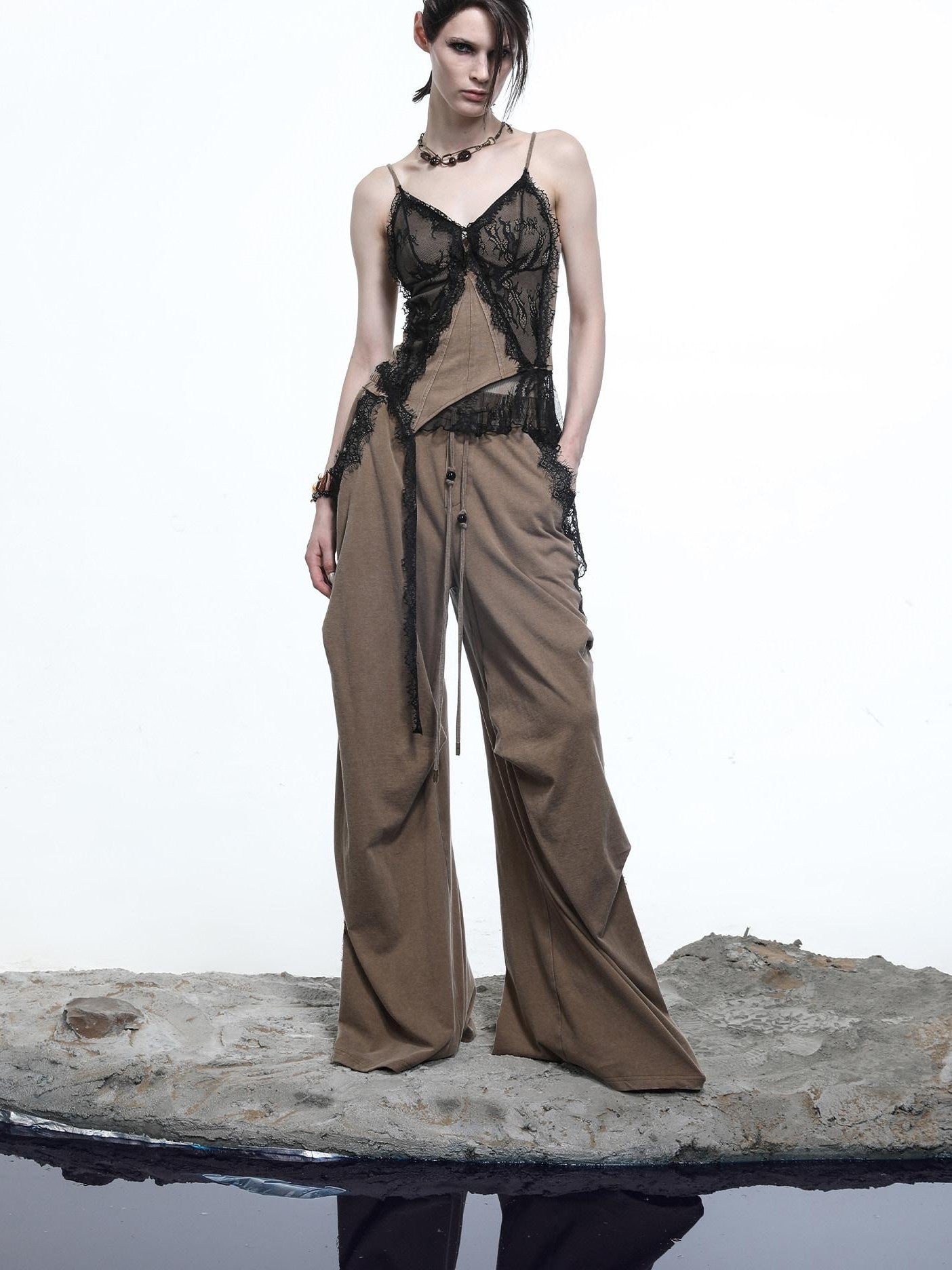 NORTH NODE Washed Lace Patchwork Asymmetric Ruffle V-neck Women&