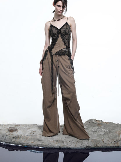 NORTH NODE Washed Lace Patchwork Asymmetric Ruffle V-neck Women&