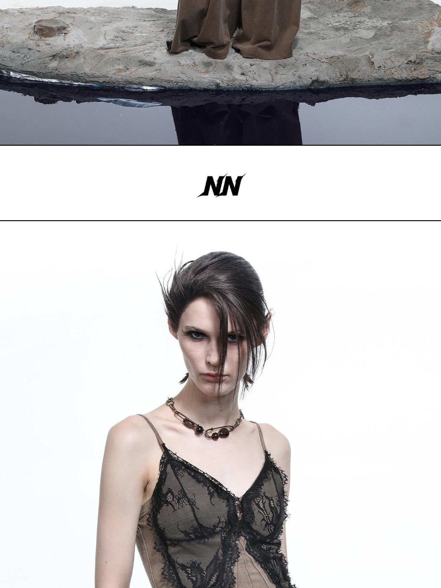 NORTH NODE Washed Lace Patchwork Asymmetric Ruffle V-neck Women&