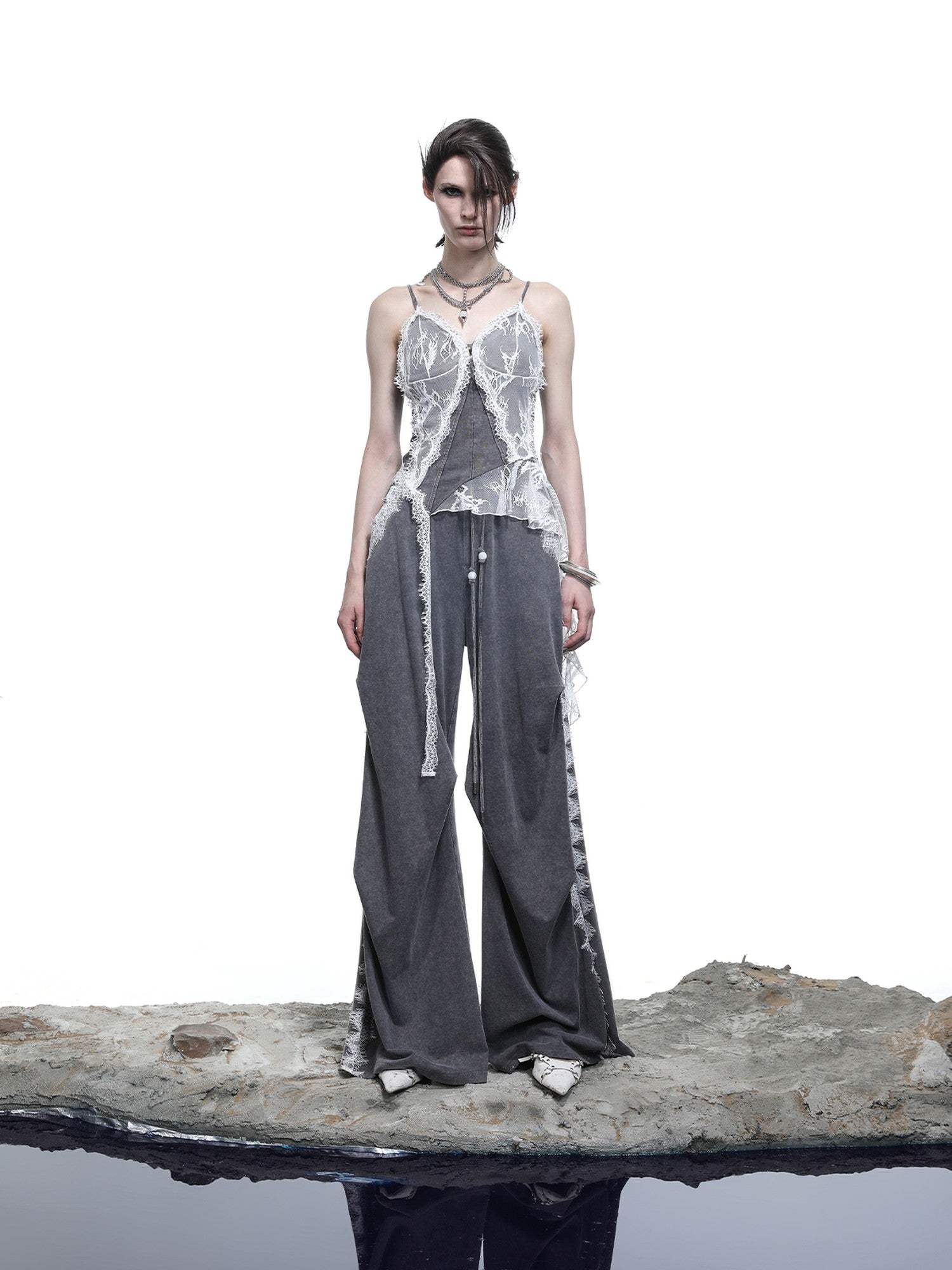 NORTH NODE Washed Lace Patchwork Asymmetric Ruffle V-neck Women&