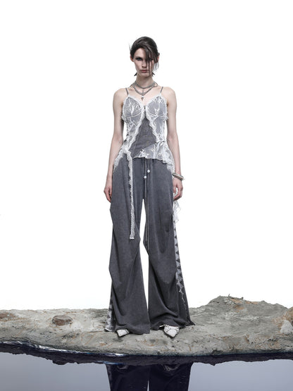 NORTH NODE Washed Lace Patchwork Asymmetric Ruffle V-neck Women&