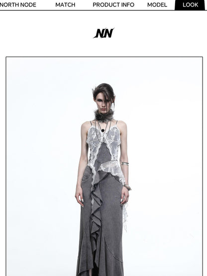 NORTH NODE Washed Lace Patchwork Asymmetric Ruffle V-neck Women&
