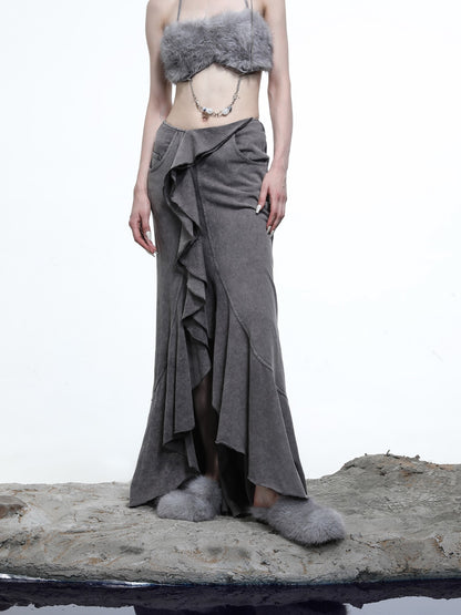 NORTH NODE Washed Lotus Edge Ruffle Asymmetrical Hem Women&