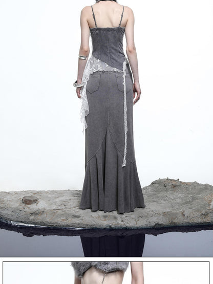 NORTH NODE Washed Lotus Edge Ruffle Asymmetrical Hem Women&